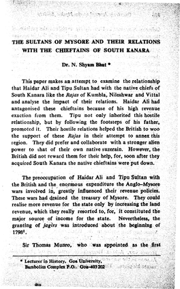 The Sultans of Mysore and Their Relations with the Chieftains of South Kanara