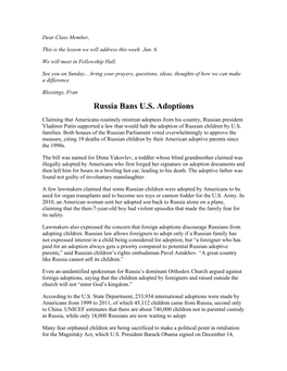 Russia Bans U.S. Adoptions