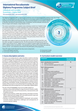 International Baccalaureate Diploma Programme Subject Brief Individuals and Societies: Economics—Higher Level First Assessments 2022—Last Assessments 2029