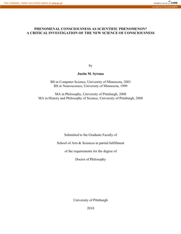 Phenomenal Consciousness As Scientific Phenomenon? a Critical Investigation of the New Science of Consciousness