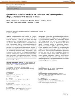 Quantitative Trait Loci Analysis for Resistance to Cephalosporium Stripe, a Vascular Wilt Disease of Wheat