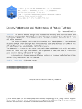 Design, Performance and Maintenance of Francis Turbines