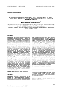 VARIABILITIES in ANATOMICAL ARRANGEMENT of SACRAL PLEXUS ROOTS Viktor Matejčík1, Zora Haviarová2*