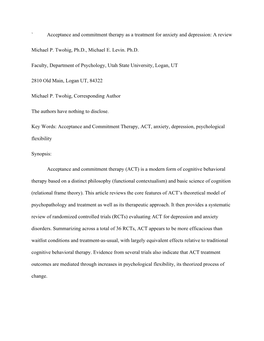 Acceptance and Commitment Therapy As a Treatment for Anxiety and Depression: a Review