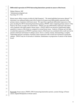 Differential Expression of ZWINT in Cancers of the Breast