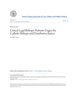 Roberto Unger, the Catholic Bishops and Distributive Justice Gerard F