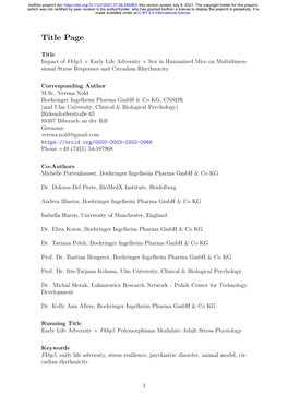 Impact of Fkbp5 × Early Life Adversity × Sex in Humanized Mice on Multidimen- Sional Stress Responses and Circadian Rhythmicity