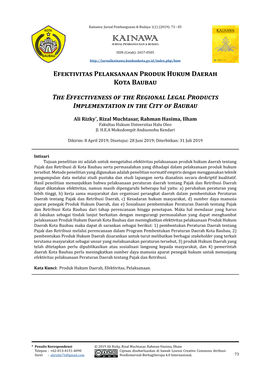 Kainawa: Jurnal Pembangunan & Budaya 1(1) (2019): 73 - 85 KAINAWA JURNAL PEMBANGUNAN & BUDAYA