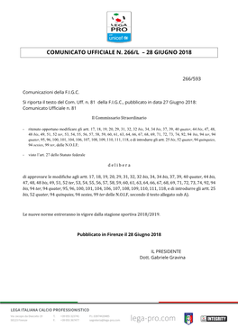 Comunicato Ufficiale N. 266/L – 28 Giugno 2018