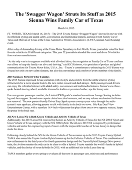 Swagger Wagon' Struts Its Stuff As 2015 Sienna Wins Family Car of Texas