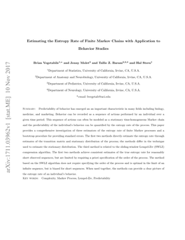 Arxiv:1711.03962V1 [Stat.ME] 10 Nov 2017 the Entropy Rate of an Individual’S Behavior