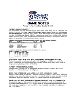 GAME NOTES Patriots Vs