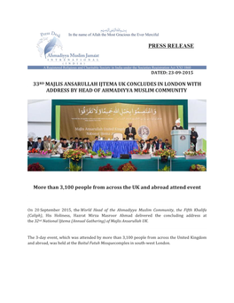 33Rd Majlis Ansarullah Ijtema Uk Concludes in London with Address by Head of Ahmadiyya Muslim Community