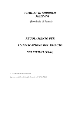 Regolamento Per L'applicazione Del Tributo Sui Rifiuti (Tari)