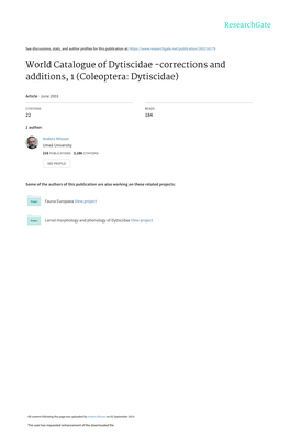 World Catalogue of Dytiscidae -Corrections and Additions, 1 (Coleoptera: Dytiscidae)