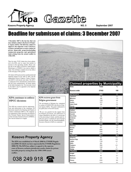 Deadline for Submisson of Claims: 3 December 2007