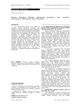 Blumeria Graminis F.Sp. Hordei ) : Interaction, Resistance and Tolerance