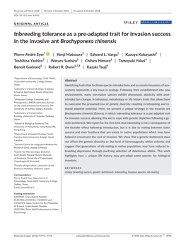 Inbreeding Tolerance As a Pre‐Adapted Trait for Invasion Success