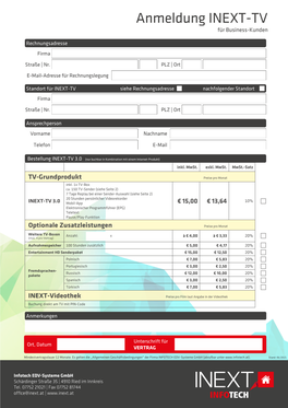 Anmeldung INEXT-TV Für Business-Kunden