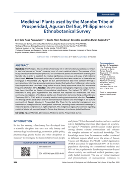 Medicinal Plants Used by the Manobo Tribe of Prosperidad, Agusan Del Sur, Philippines-An Ethnobotanical Survey