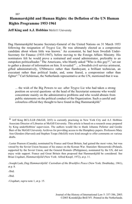 Hammarskjöld and Human Rights: the Deflation of the UN Human Rights Programme 1953·1961