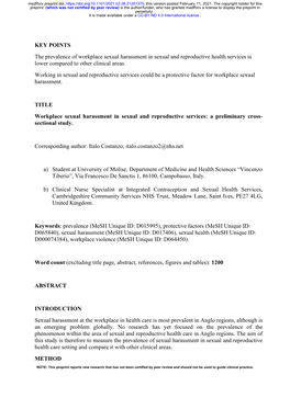 Workplace Sexual Harassment in Sexual and Reproductive Services: a Preliminary Cross- Sectional Study