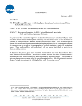 MEMORANDUM February 4, 2020 VIA EMAIL TO: NCAA Division I