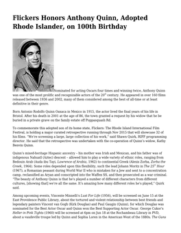 Flickers Honors Anthony Quinn, Adopted Rhode Islander, on 100Th Birthday