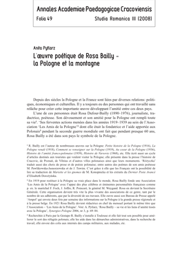 L'oeuvre Poétique De Rosa Bailly – La Pologne Et La Montagne