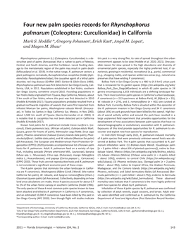 Four New Palm Species Records for Rhynchophorus Palmarum (Coleoptera: Curculionidae) in California