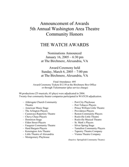 Announcement of Awards 5Th Annual Washington Area Theatre Community Honors
