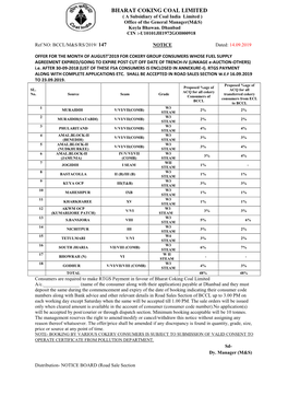 BHARAT COKING COAL LIMITED ( a Subsidiary of Coal India Limited ) Office of the General Manager(M&S) Koyla Bhawan