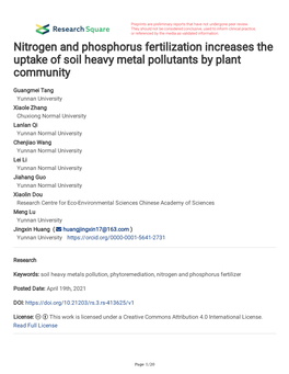 Nitrogen and Phosphorus Fertilization Increases the Uptake of Soil Heavy Metal Pollutants by Plant Community
