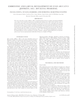 Embryonic and Larval Development of Ensis Arcuatus (Jeffreys, 1865) (Bivalvia: Pharidae)