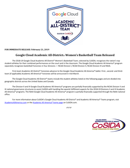 Google Cloud Academic All-District® Women's Basketball Team Released