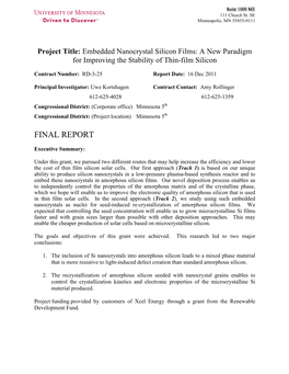 Project Title: Embedded Nanocrystal Silicon Films: a New Paradigm for Improving the Stability of Thin-Film Silicon