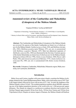 Annotated Review of the Cantharidae and Malachiidae (Coleoptera) of the Maltese Islands