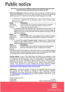 The Essex County Council (Maldon District) (Permitted Parking Area and Special Parking Area) (Amendment No.22) Order 201*