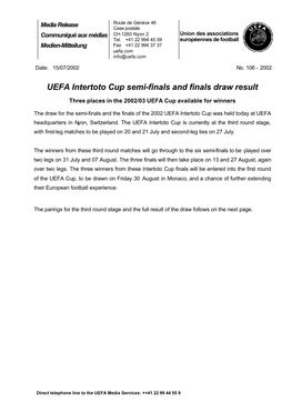 UEFA Intertoto Cup Semi-Finals and Finals Draw Result