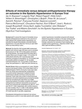 Effects of Immediate Versus Delayed Antihypertensive Therapy on Outcome in the Systolic Hypertension in Europe Trial Jan A