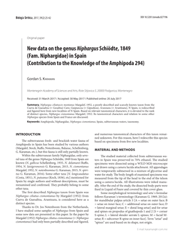 New Data on the Genus Niphargus Schiödte, 1849 (Fam. Niphargidae) in Spain (Contribution to the Knowledge of the Amphipoda 294)