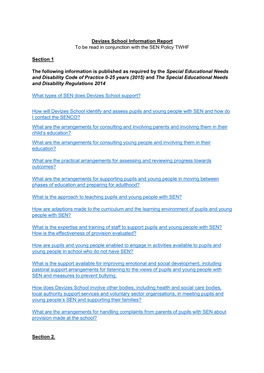 Devizes School Information Report to Be Read in Conjunction with the SEN Policy TWHF Section 1 the Following Information Is Publ