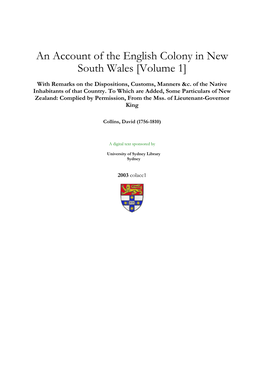 An Account of the English Colony in New South Wales [Volume 1]