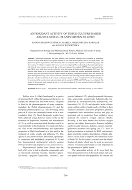 Antioxidant Activity of Tissue Culture-Raised Ballota Nigra L