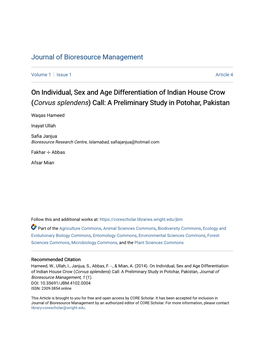 On Individual, Sex and Age Differentiation of Indian House Crow (Corvus Splendens) Call: a Preliminary Study in Potohar, Pakistan