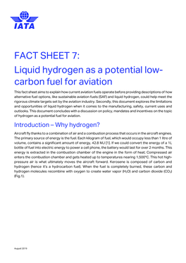 FACT SHEET 7: Liquid Hydrogen As a Potential Low- Carbon Fuel for Aviation