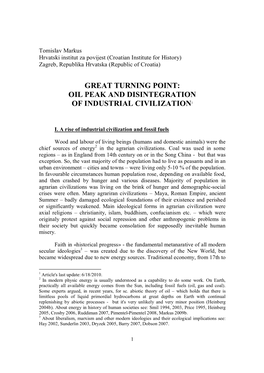 Great Turning Point: Oil Peak and Disintegration of Industrial Civilization1