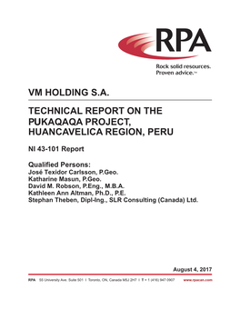 Vm Holding S.A. Technical Report on the Pukaqaqa