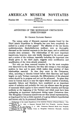 AMERICAN MUSEUM NOVITATES Published by Number 330 Thz Auerican Museum of NAITURAL HISTORY October 30, 1928 New York City