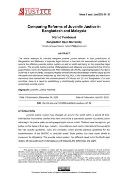 Comparing Reforms of Juvenile Justice in Bangladesh and Malaysia Nahid Ferdousi Bangladesh Open University Email Correspondence: Nahid329@Yahoo.Com